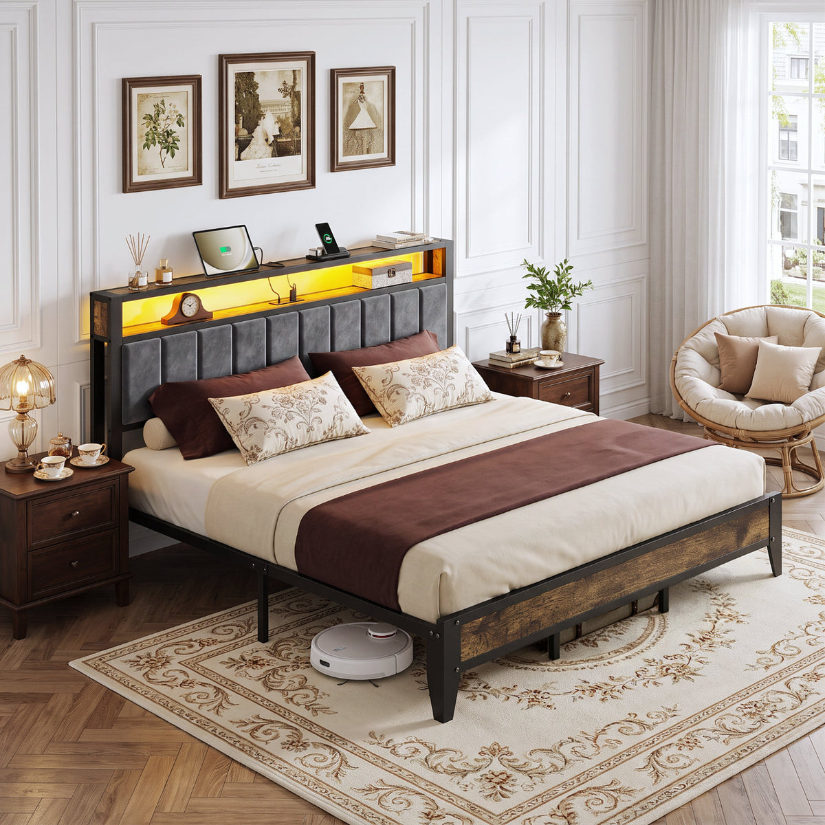 Bexfil King Size Bed Frame with LED Light, Charging Station and Storage Wood Headboard, Platform Bed Frames Weight Capacity of 1400 lbs for Bedroom (80.9‘'x80''Mattress )