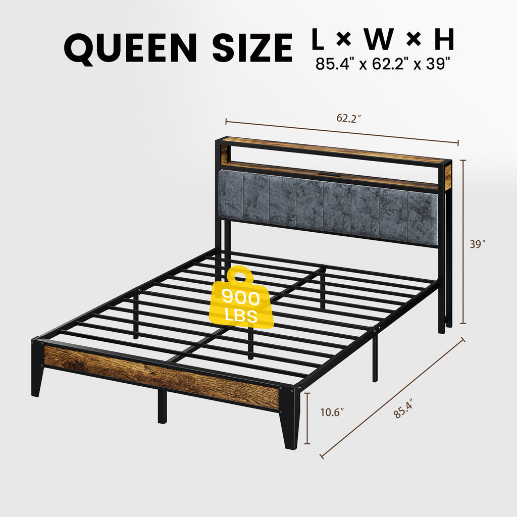 Dayago Queen Size Bed Frame, Storage Headboard with Charging Station, Solid and Stable, Noise Free, No Box Spring Needed, Easy Assembly, Rustic Brown