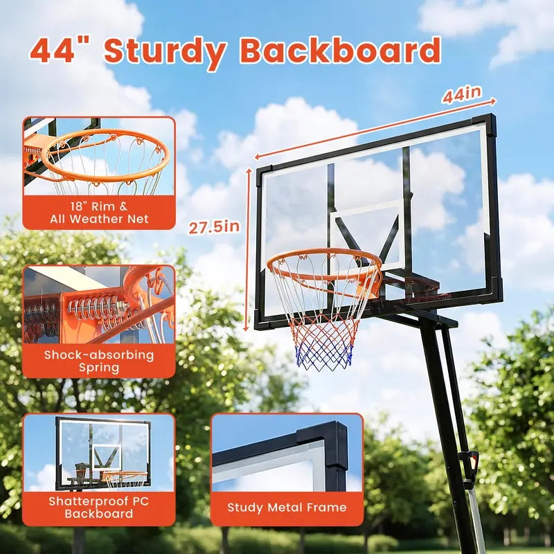FirstAsk Basketball Hoop Outdoor 44" PC Backboard, 5.25-10FT Adjustable Basketball Goal with Rebound Board, Portable Basketball Hoop for Kids Youth Adults Play Outdoor/Indoor, 225LBS Max Capacity