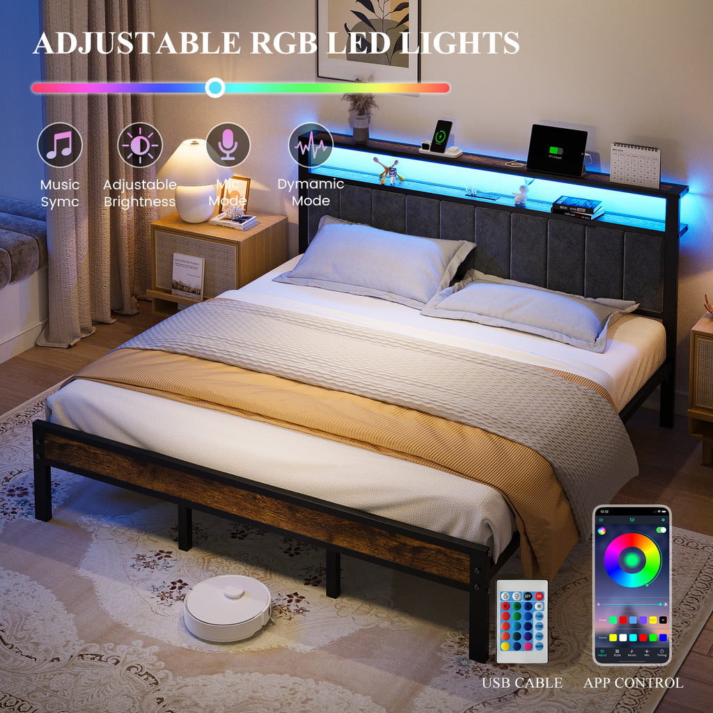 Kbun King Bed Frame with 2-Tier Storage Headboard, Bed Frame King Size with LED Lights and Charging Station, Under Bed Storage Space, No Box Spring Needed, Noise Free