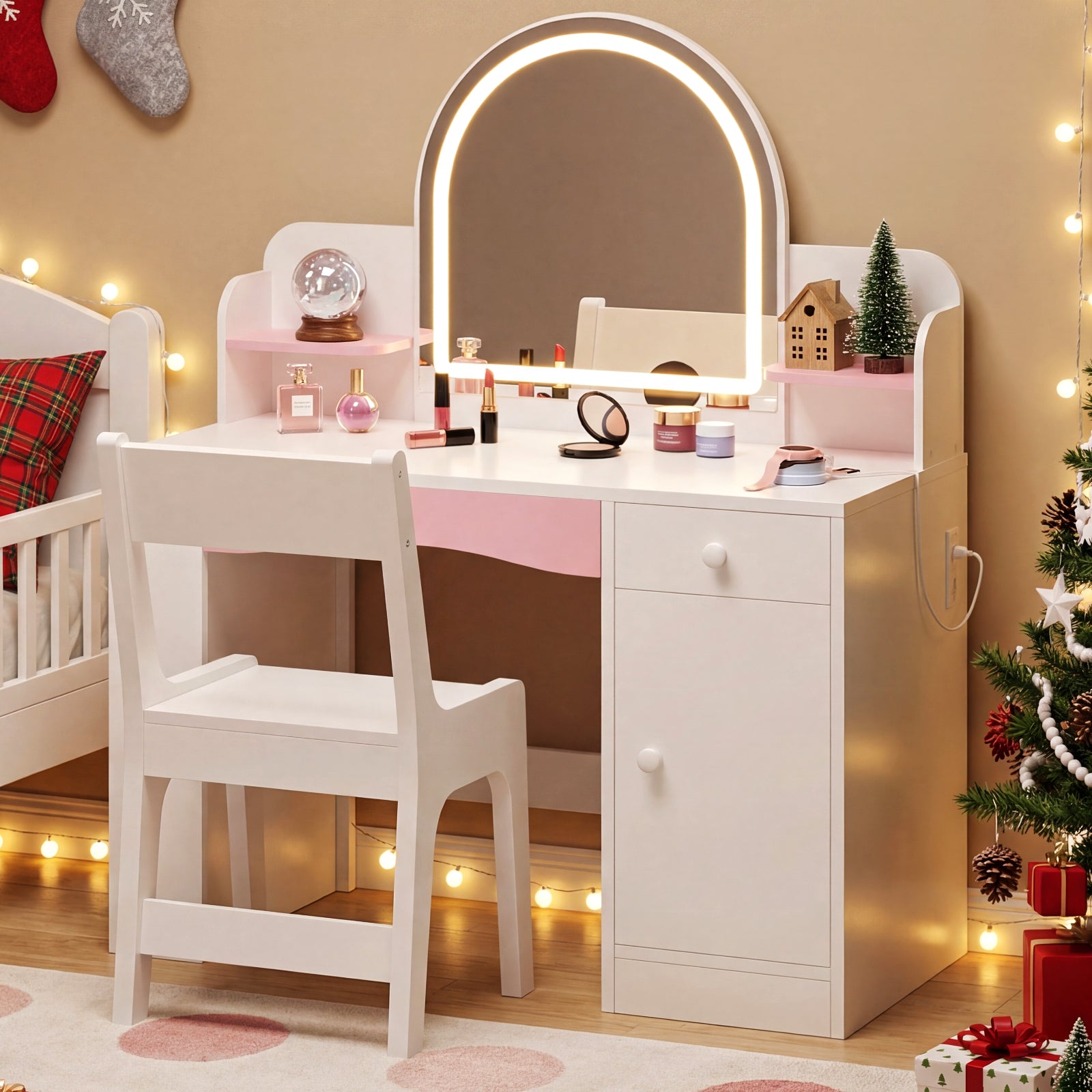 Bexfil Kids Vanity with Lights, Princess Vanity Table and Chair Set for Girls, Toddler Makeup Desk with Open Storage Shelves, for Bedroom or Playroom