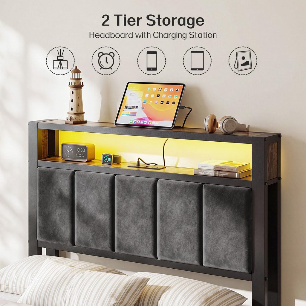 OLEVS Twin Bed Frame with LED Light Storage Headboard Metal Platform Bed| Charging Station Type C, Upholstered 2-Tier Headboard, No Box Spring Needed