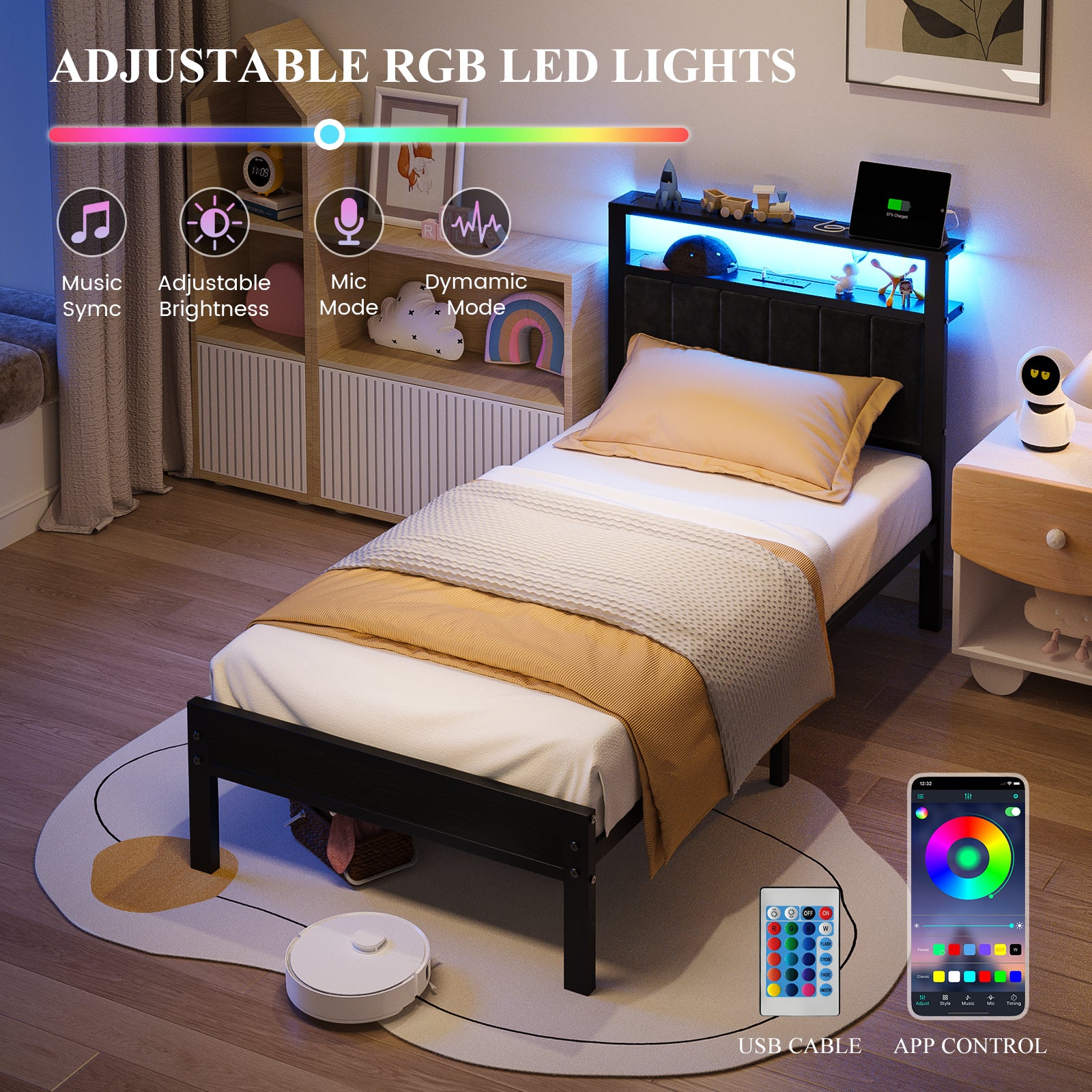 Dayago Upholstered Twin Size Bed Frame with LED Lights Charging Station Shelf Headboard Heavy Duty Metal Platform Bed, Noise Free,Black