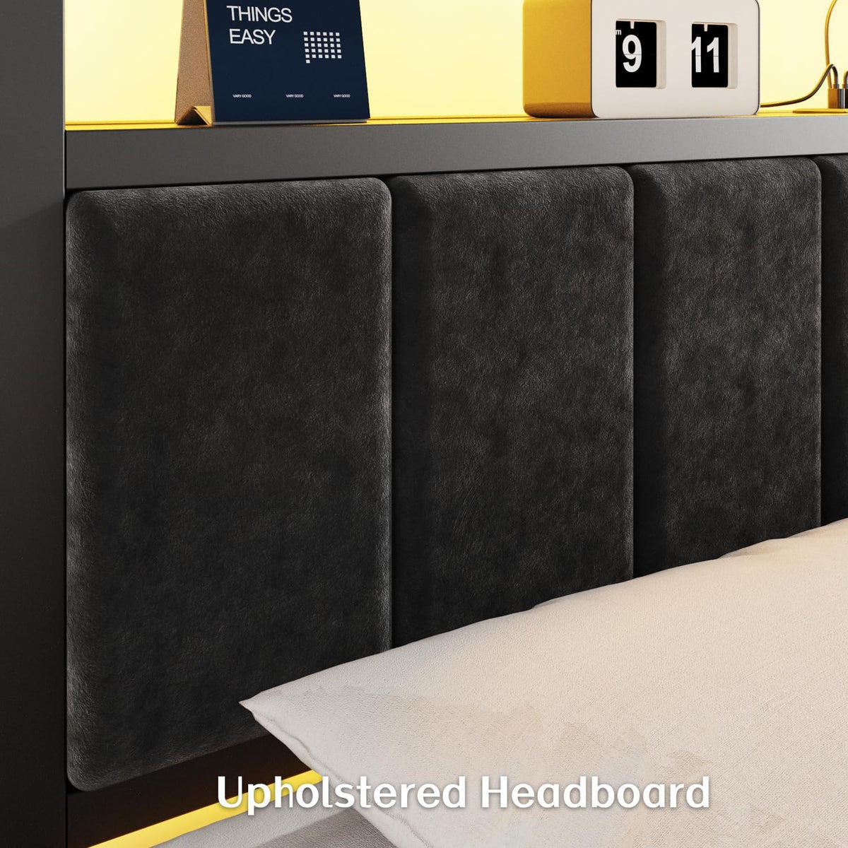 OLEVS Full Bed Frame with LED Lights & Charging Station Modern Platform Bed| Upholstered 2-Tier Storage Headboard, No Box Spring Needed, Easy Assembly