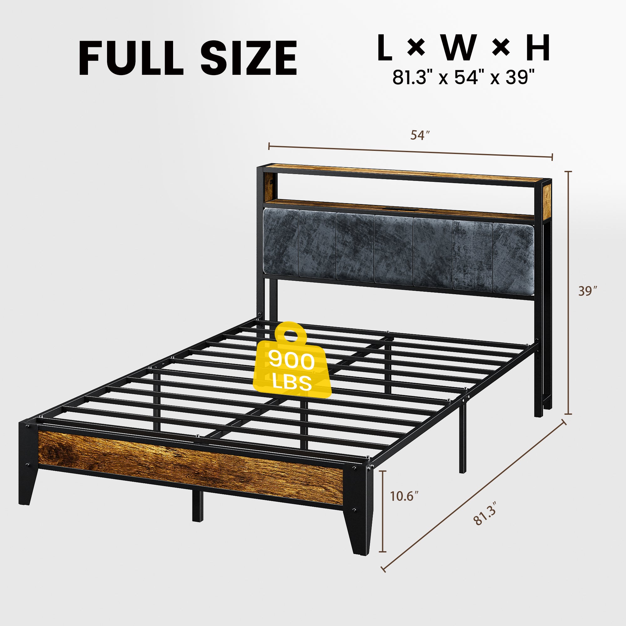Dayago Full Size Bed Frame, Storage Headboard with Charging Station, Solid and Stable, Noise Free, No Box Spring Needed, Easy Assembly, Rustic Brown
