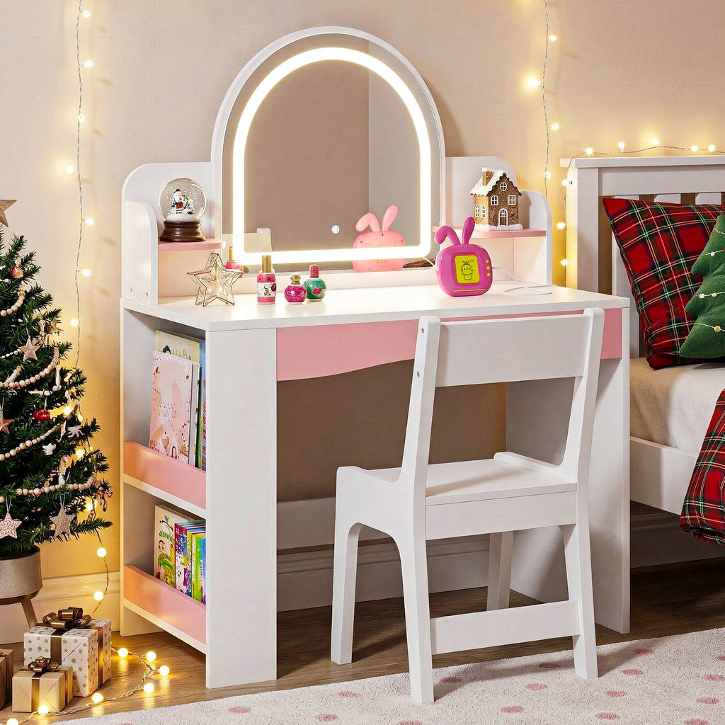Kbun 27.5 in Wooden Kids' Vanity Set, Princess Style Dressing Table, Stool, and Furniture Set for Girls Ideal Birthday Gift ,White