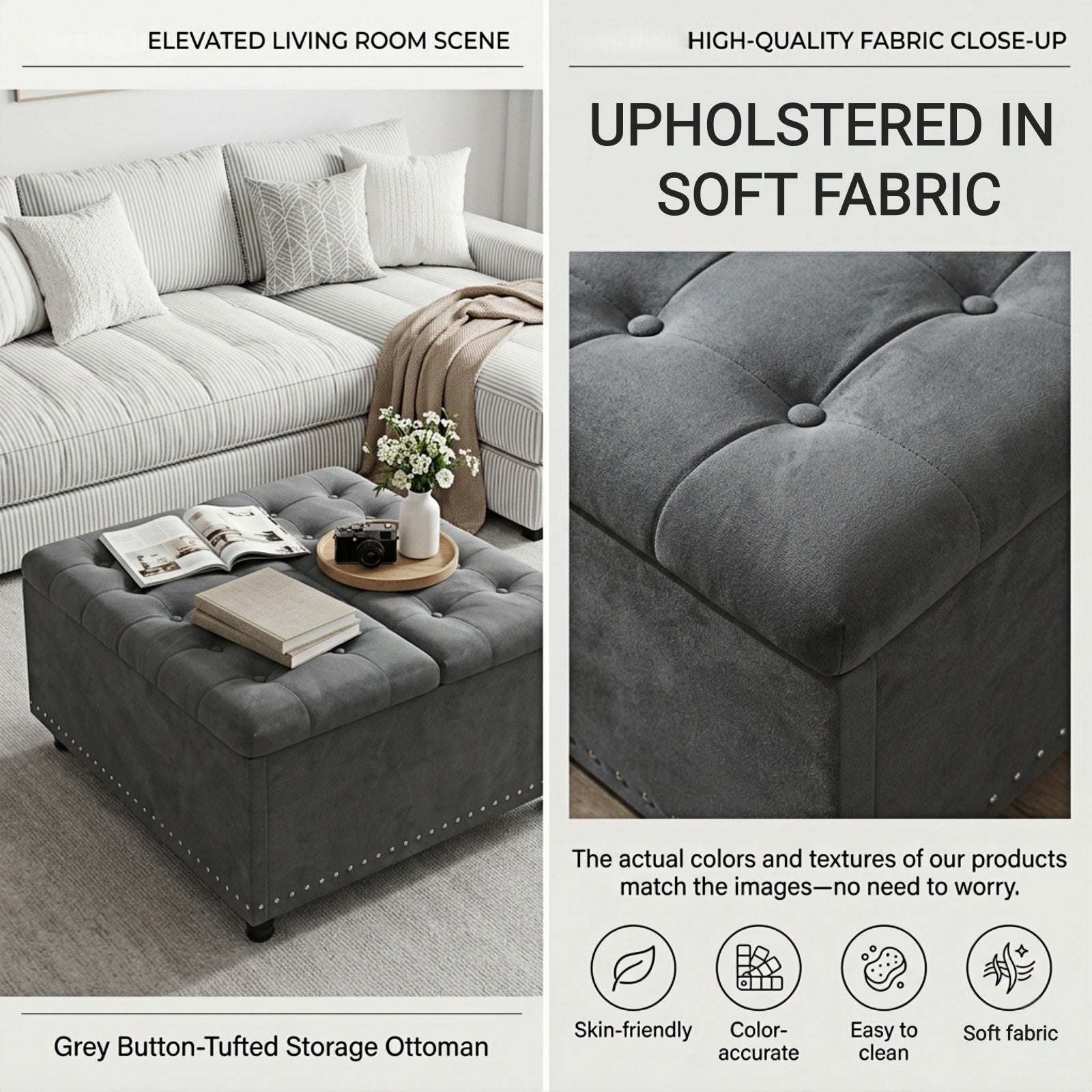 Bexfil Large Square Storage Ottoman, Coffee Table Storage Ottoman, Tufted Upholstered Oversized Square Ottoman for Living Room, Grey