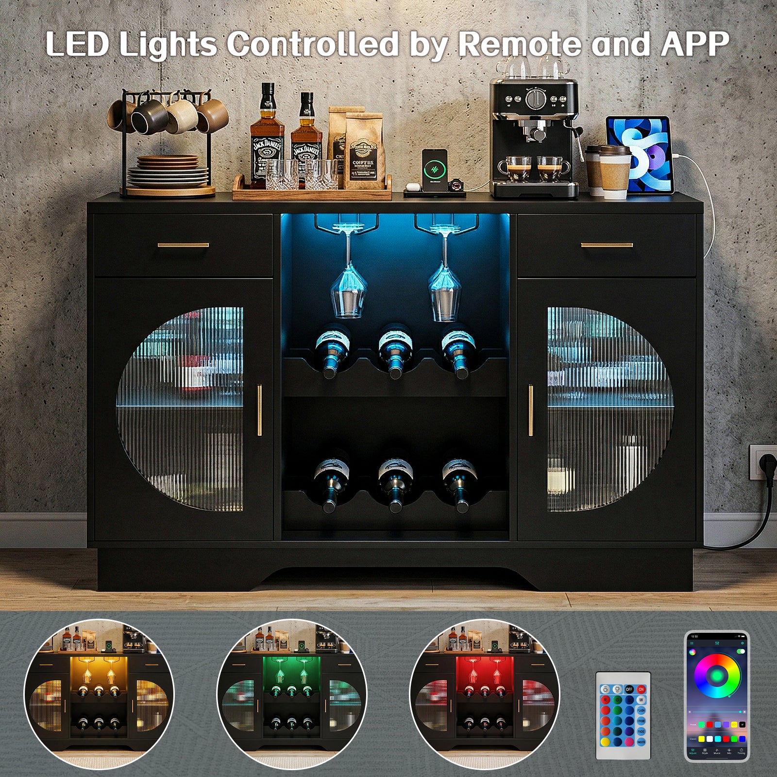 Kbun Coffee Bar Cabinet with Fridge Space, Wine Bar with LED Lights & Power Outlet, Sideboard for Home with Glass Doors, Freestanding Liquor Cabinet, Black