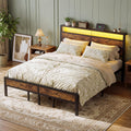 Bexfil King Size Bed Frame,Heavy Duty Metal Platform with Storage Headboard and LED Light,No Box Spring Needed,Easy Assembly,Brown