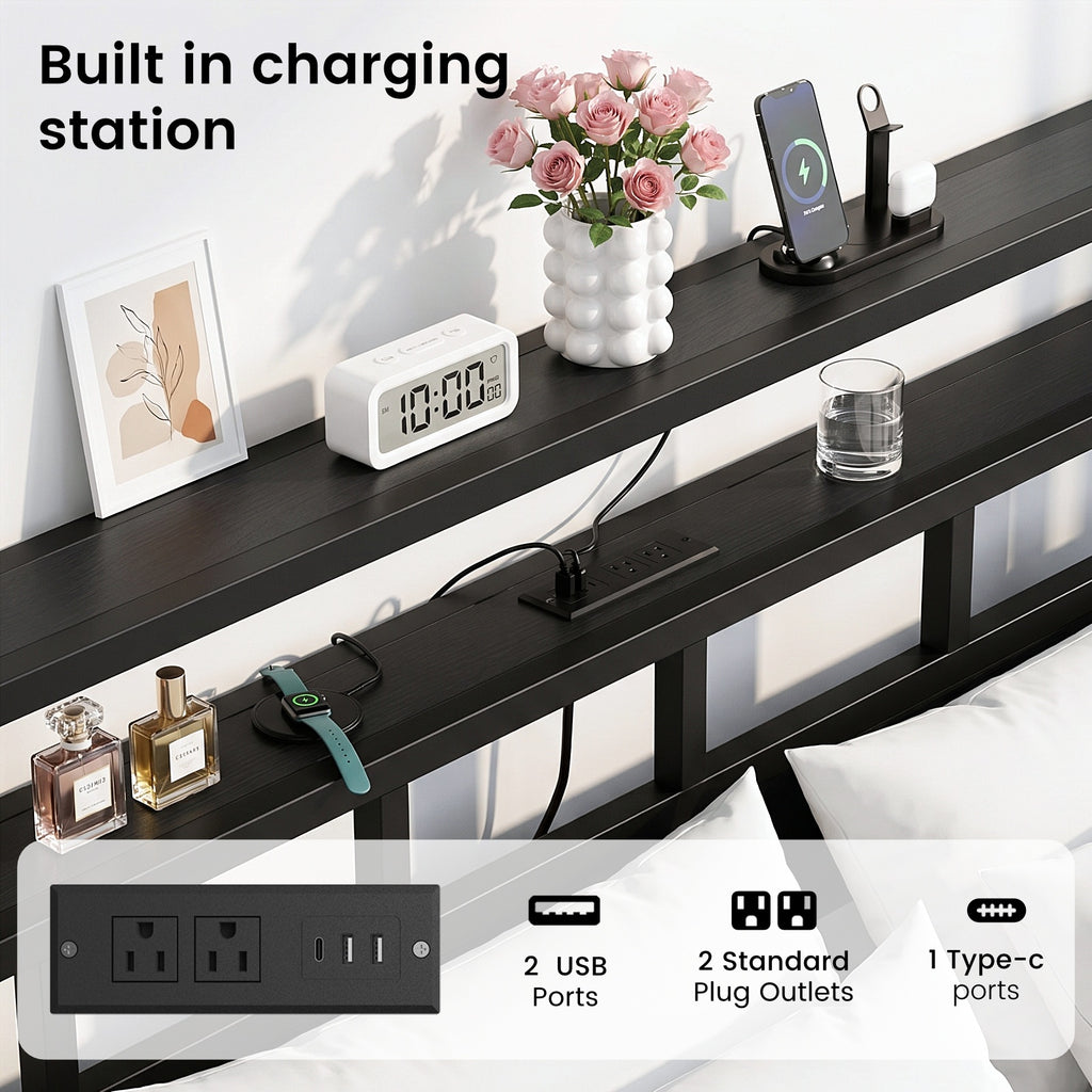 Bexfil Full Bed Frame with Storage Headboard and LED Light, Metal Platform Bed Station with Charging Station & LED, Noise-Free, No Box Spring Needed