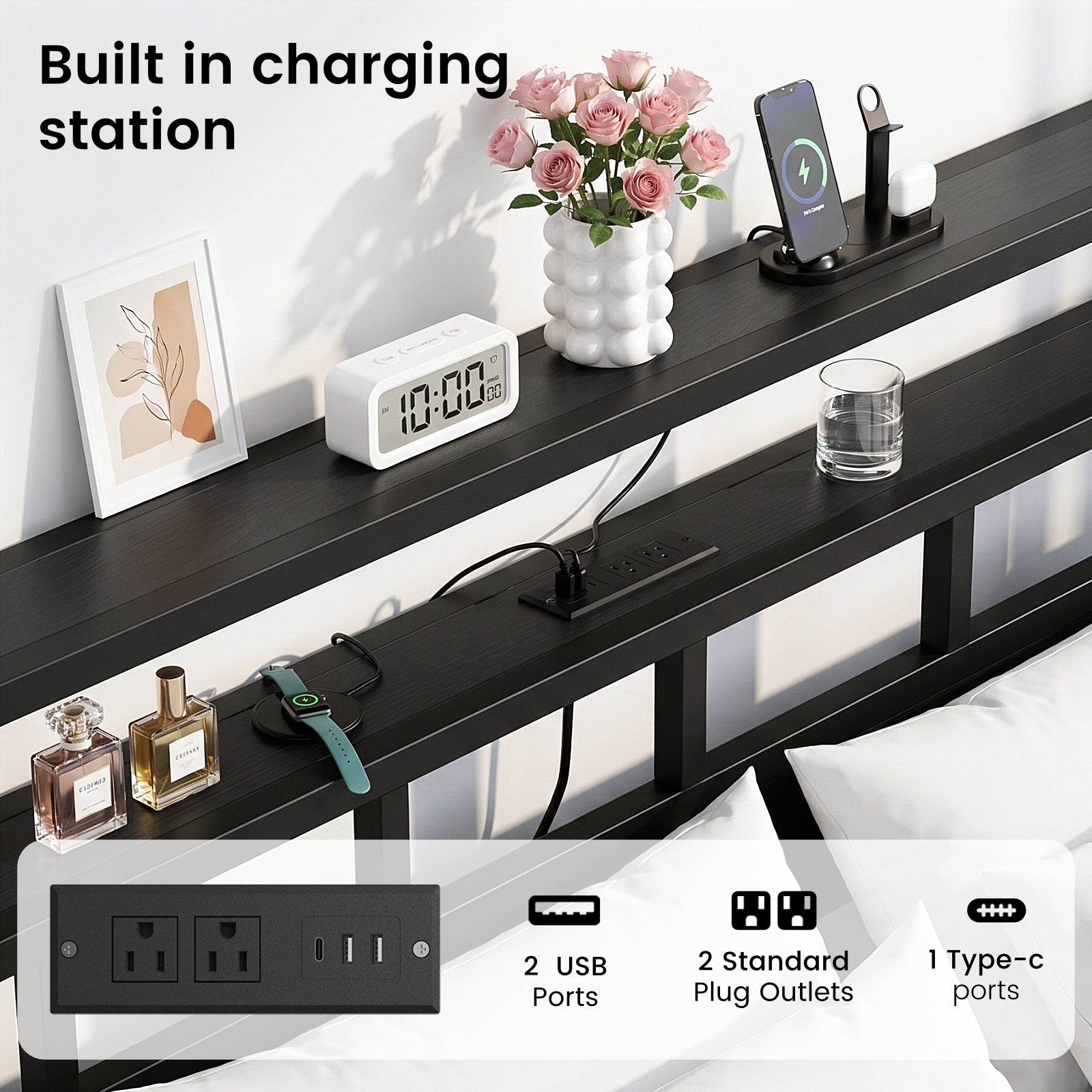 Bexfil Full Bed Frame with Storage Headboard and LED Light, Metal Platform Bed Station with Charging Station & LED, Noise-Free, No Box Spring Needed