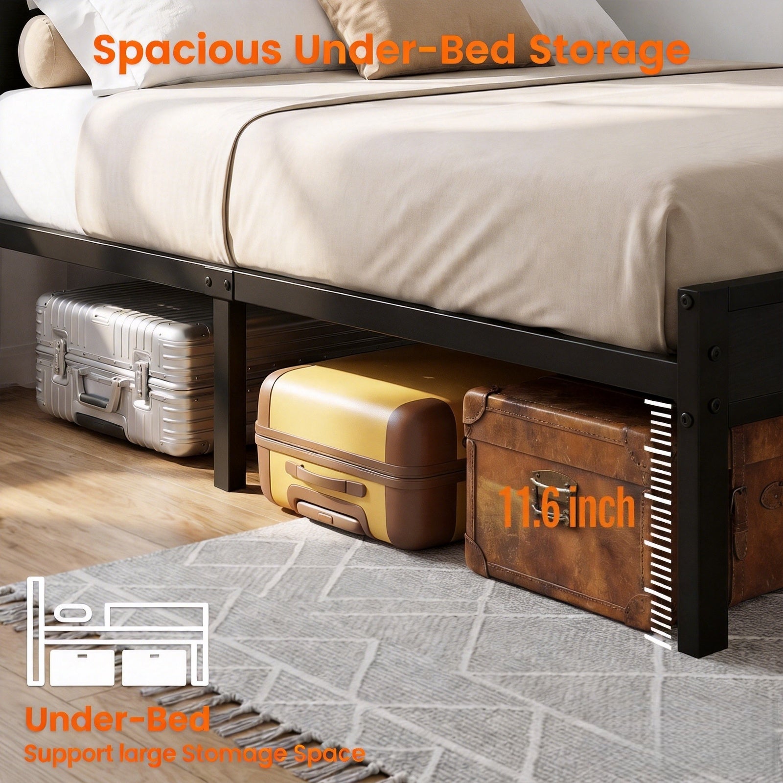 Kbun King Size LED Metal Bed Frame with 2-Tier Storage Headboard and Charging Station,No Box Spring Needed, Easy Assembly, Black