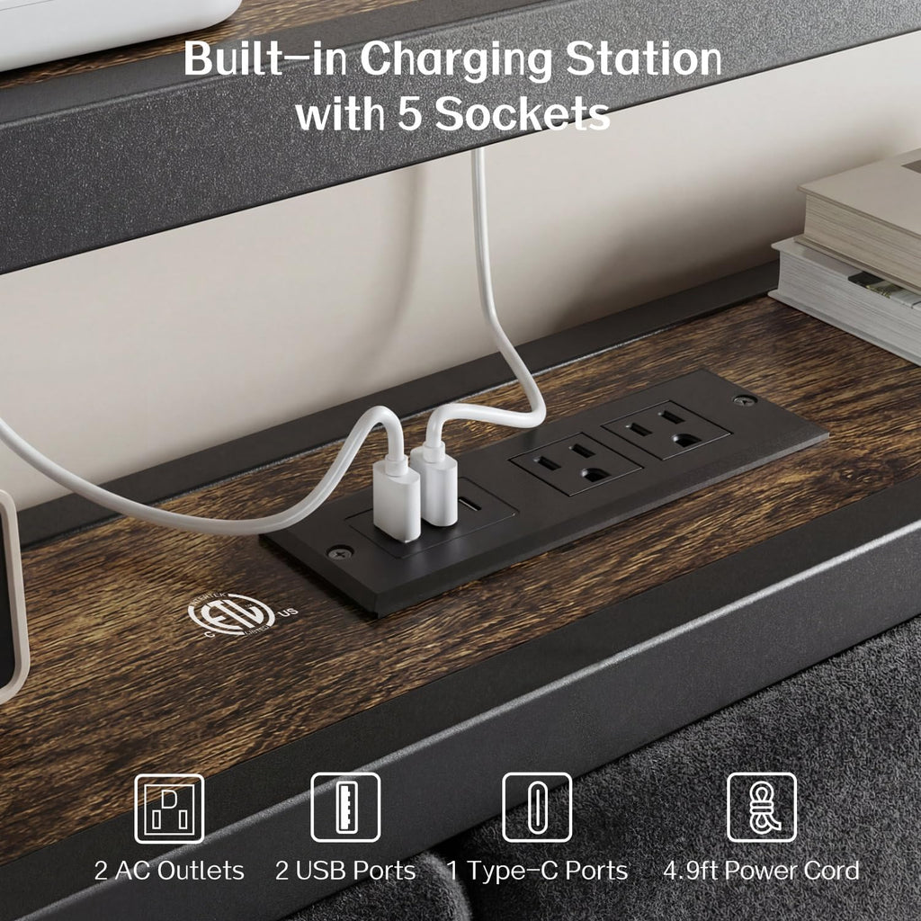 OLEVS Full Size Bed Frame with Headboard, LED Light & Charging Station| Metal Platform Bed Upholstered Headboard 2-Tier