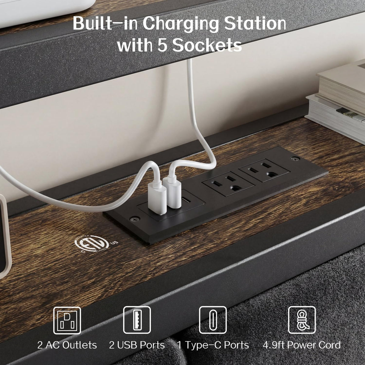 OLEVS Full Size Bed Frame with Headboard, LED Light & Charging Station| Metal Platform Bed Upholstered Headboard 2-Tier