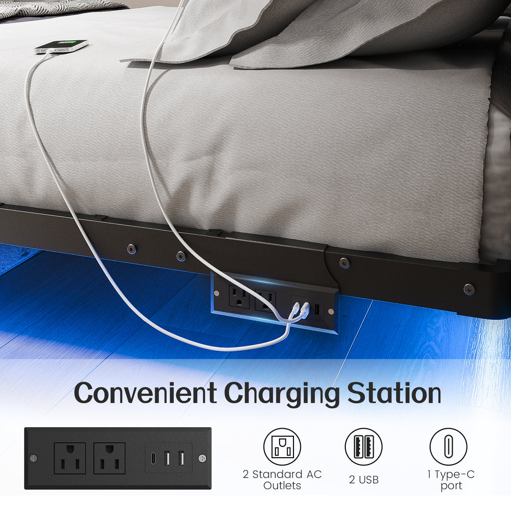Kbun King Floating Bed Frame with Smart LED Lights and Charging Station, Heavy Duty Metal Platform Bed Frame, Noise-Free, Under-Bed Storage, No Box Spring Needed