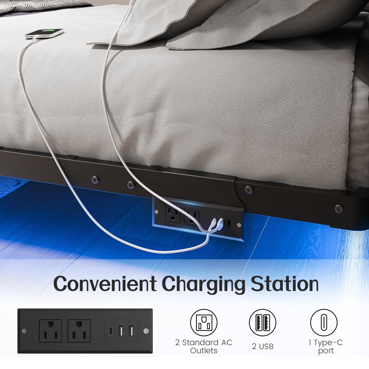 Kbun King Floating Bed Frame with Smart LED Lights and Charging Station, Heavy Duty Metal Platform Bed Frame, Noise-Free, Under-Bed Storage, No Box Spring Needed