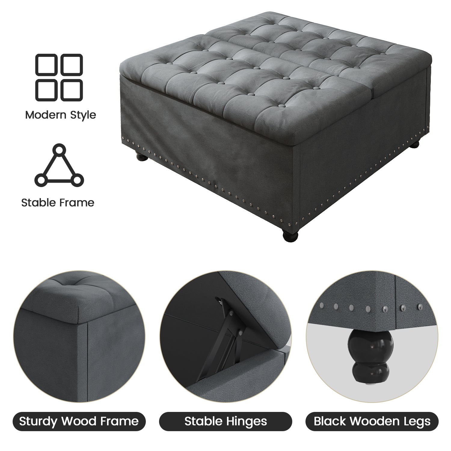 Kbun 33.5 inch Large Square Storage Ottoman, Tufted Upholstered Coffee Table with Lift Top & Solid Wood Legs, Oversized Storage Bench Ottomans Toy Box for Bedroom, Living Room, Entryway, Grey