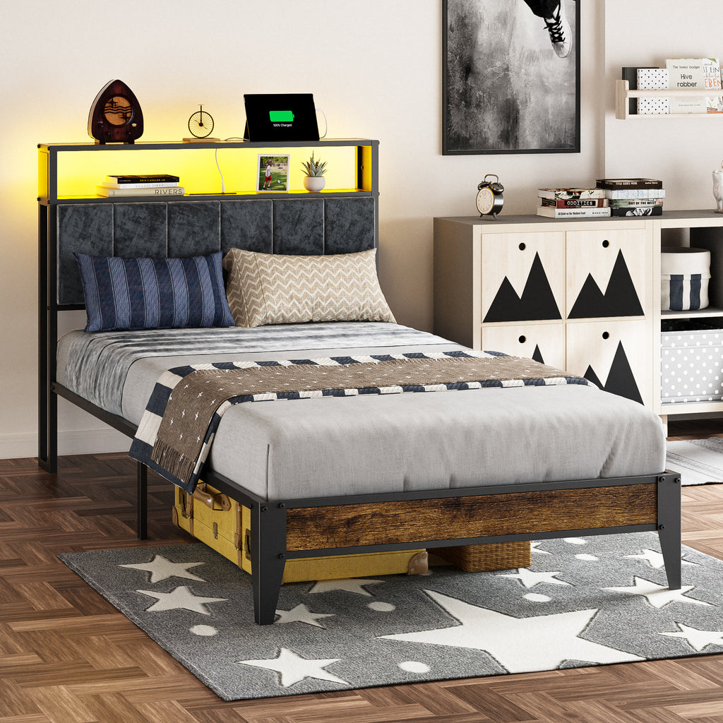Dayago Twin Size Bed Frame, Storage Headboard with Charging Station, Solid and Stable, Noise Free, No Box Spring Needed, Easy Assembly, Rustic Brown