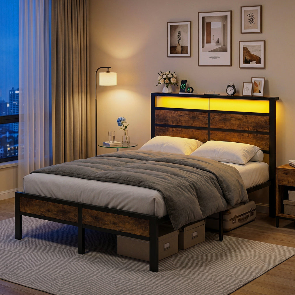 Bexfil Full Platform Bed with Charging Station and LED Lights - Wood Headboard Frame with USB Ports and Power Outlet - Noise-Free, No Box Spring Needed, Brown