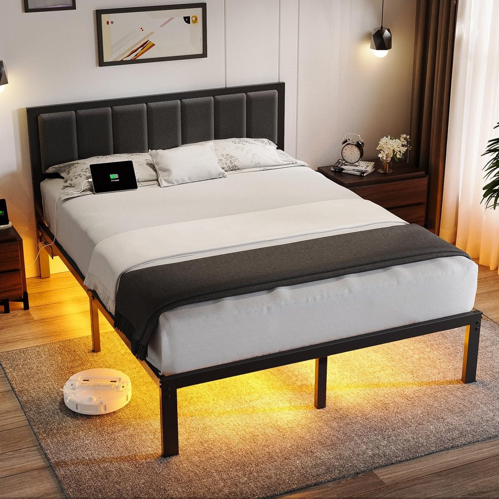OLEVS Queen Bed Frame with Headboard, Smart LED & Charging Station| Metal Platform Bed Queen Size with LED, USB Charging & Upholstered Headboard, 1,000 lbs Weight Capacity, No Box Spring Needed