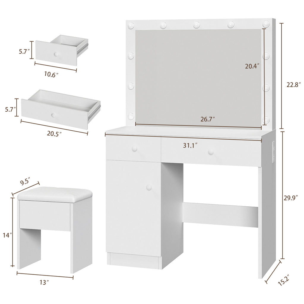 Haewon 32" Vanity Desk with Large Mirror, LED Lights, AC Outlet, USB Ports, Make up Vanity Desk with Mirror and Lights andDrawer & Storage Cabinet, Vanity Set with Cushioned Stool