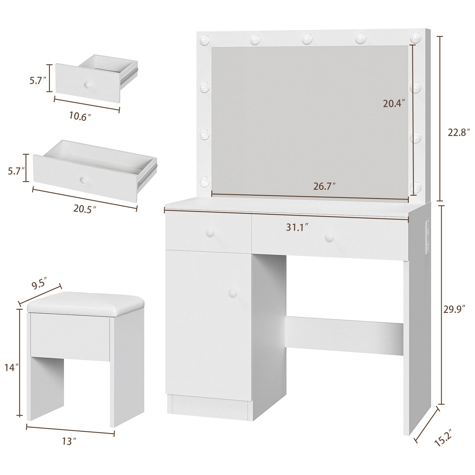 Haewon 32" Vanity Desk with Large Mirror, LED Lights, AC Outlet, USB Ports, Make up Vanity Desk with Mirror and Lights andDrawer & Storage Cabinet, Vanity Set with Cushioned Stool