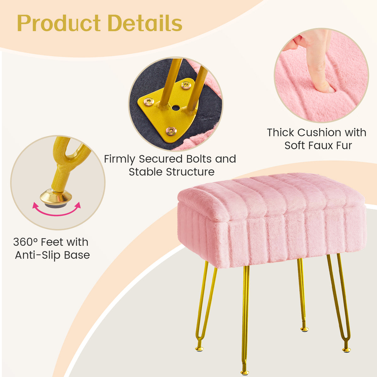 Kbun Faux Fur Vanity Stool with Storage, Makeup Ottoman Chair with Upholstered Seat, Metal Legs & Anti-Slip Feet for Bedroom, Living Room, Pink