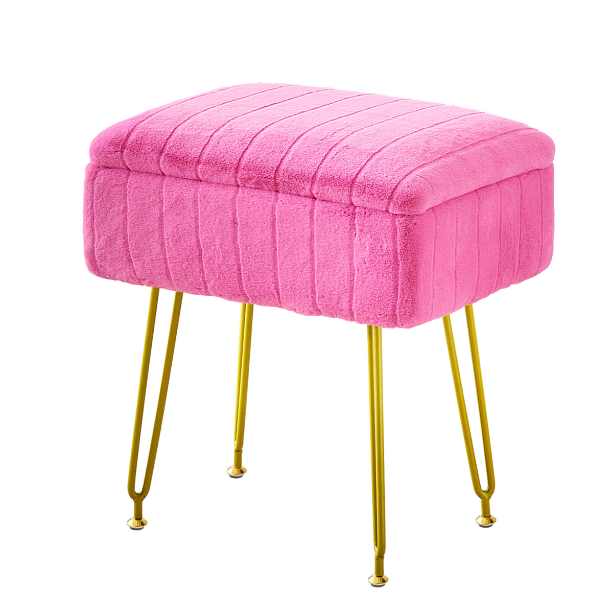 Kbun Faux Fur Vanity Stool with Storage, Makeup Ottoman Chair with Upholstered Seat, Metal Legs & Anti-Slip Feet for Bedroom, Living Room, Rose Pink