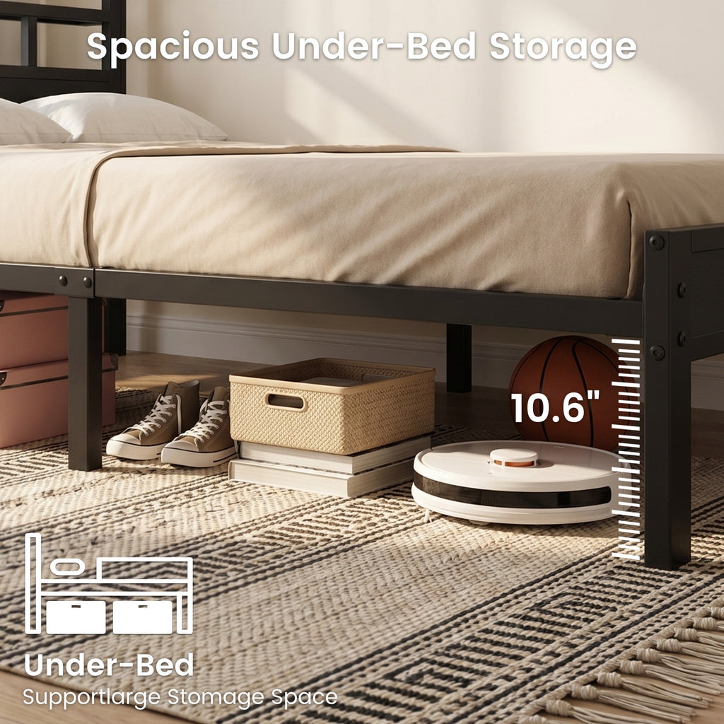 Bexfil Twin Bed Frame with Storage Headboard and LED Light, Metal Platform Bed Station with Charging Station & LED, Noise-Free, No Box Spring Needed