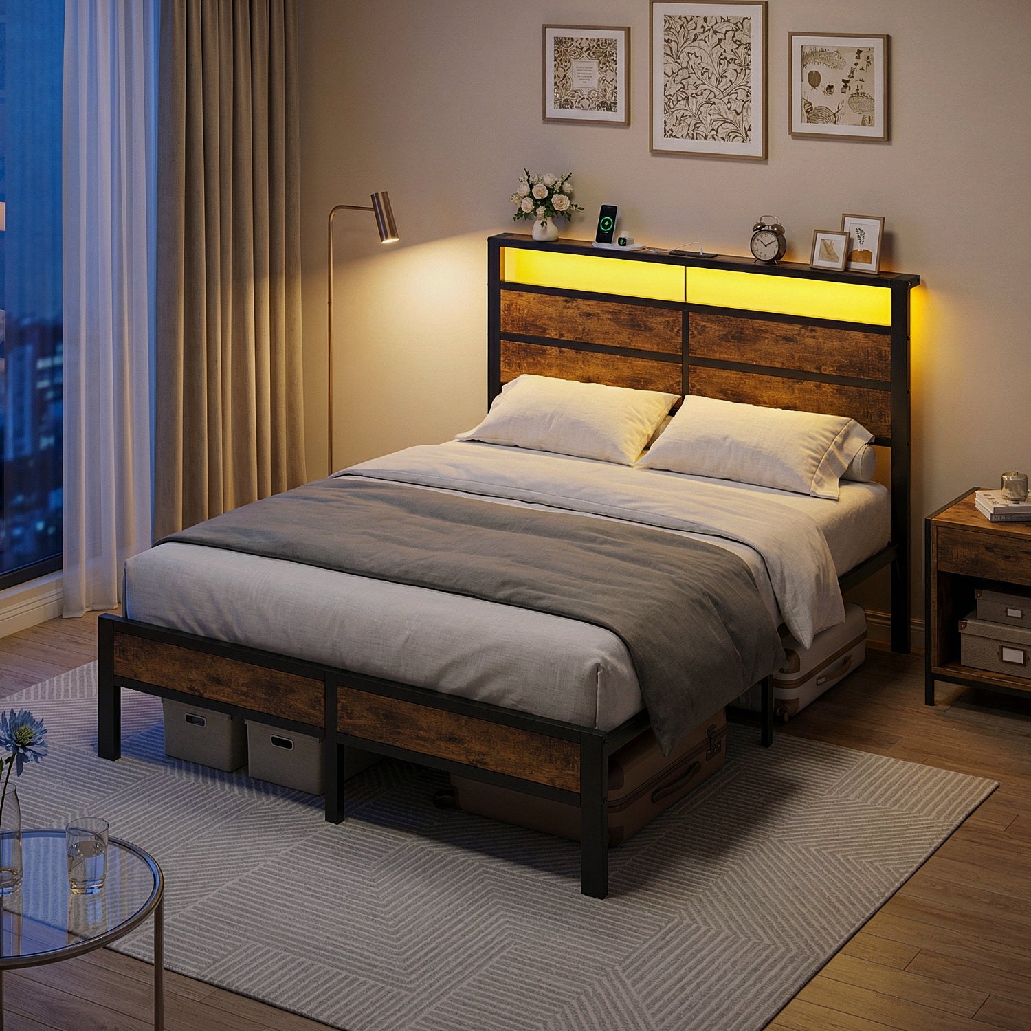 Dayago Full Bed Frames with Charging Station and LED Lights, Full Size Wood Headboard Platform Bed with Metal Slats, No Box Spring Needed and Noise Free, Brown Oak