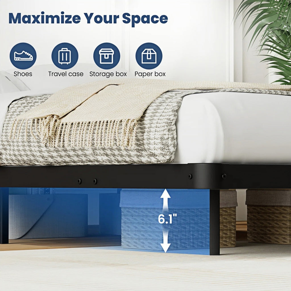 Dayago King Size Floating Platform Bed Frame with LED Lights, Charging Station, Sturdy Metal Platform Bed with Round Safety Corners and Mattress Stabilizers, 900lbs Heavy Duty Support, Easy Assembly