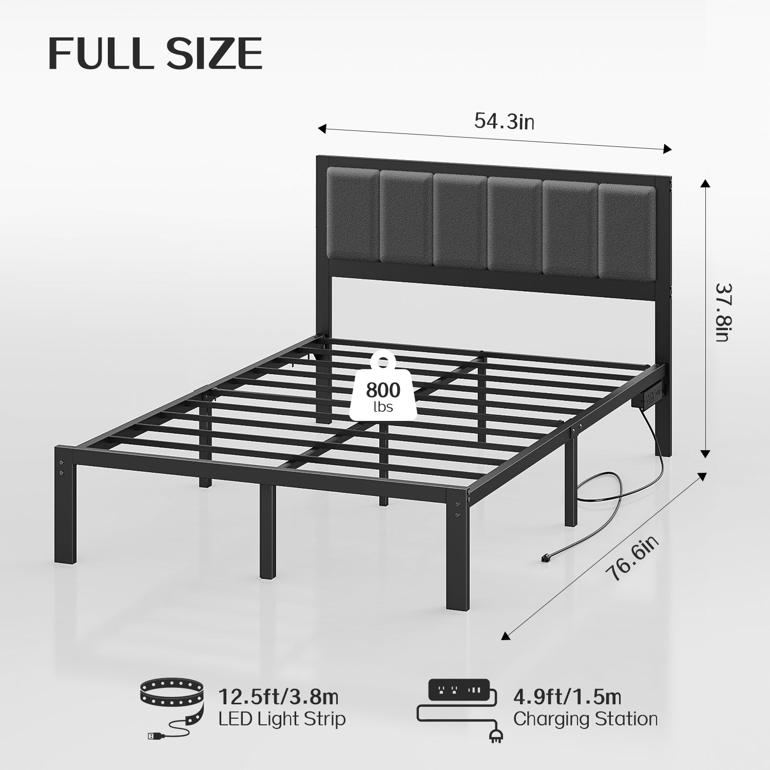 Kbun Metal Platform Bed Frame, Full Bed Frame with Upholstered Headboard, Charage Station and LED Light Strip, Under-Bed Storage, No Box Spring Needed, Easy Assembly, Gray