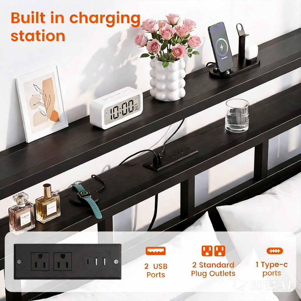 Kbun Full Size LED Metal Bed Frame with 2-Tier Storage Headboard and Charging Station,No Box Spring Needed, Easy Assembly, Black