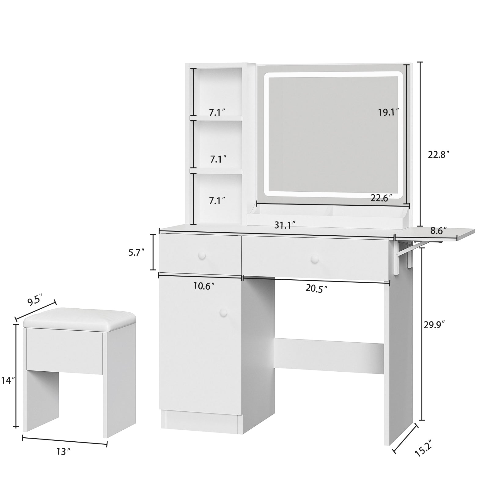 Haewon 35" Vanity Desk with Mirror, LED Light, Power Outlet, Makeup Vanity with Storage Cabinet and Foldable Panel, Vanity Set with Cushioned Stool, White