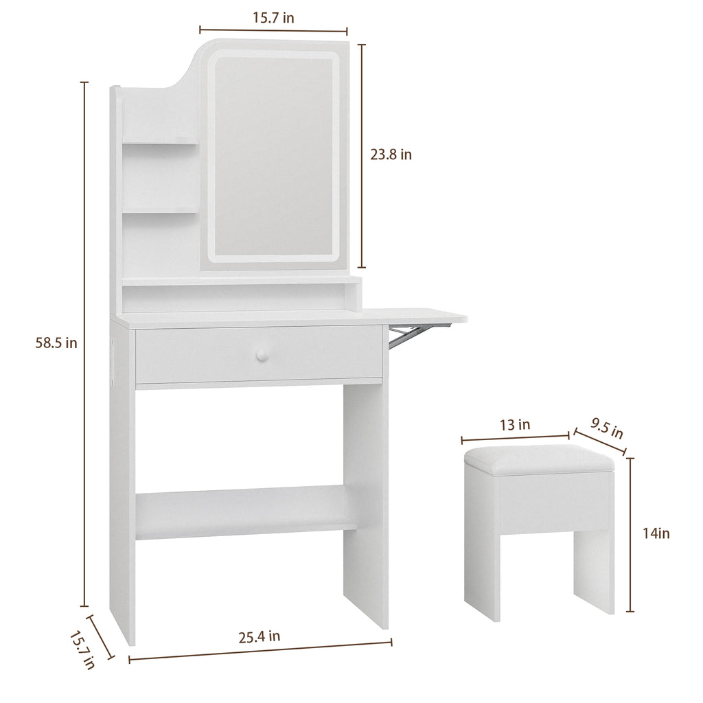 Haewon 25.4" White Small Vanity Desk with LED Light Mirror & Power Outlet , Makeup Vanity with Foldable Panel, Vanity Set with Stool for Bedroom, White