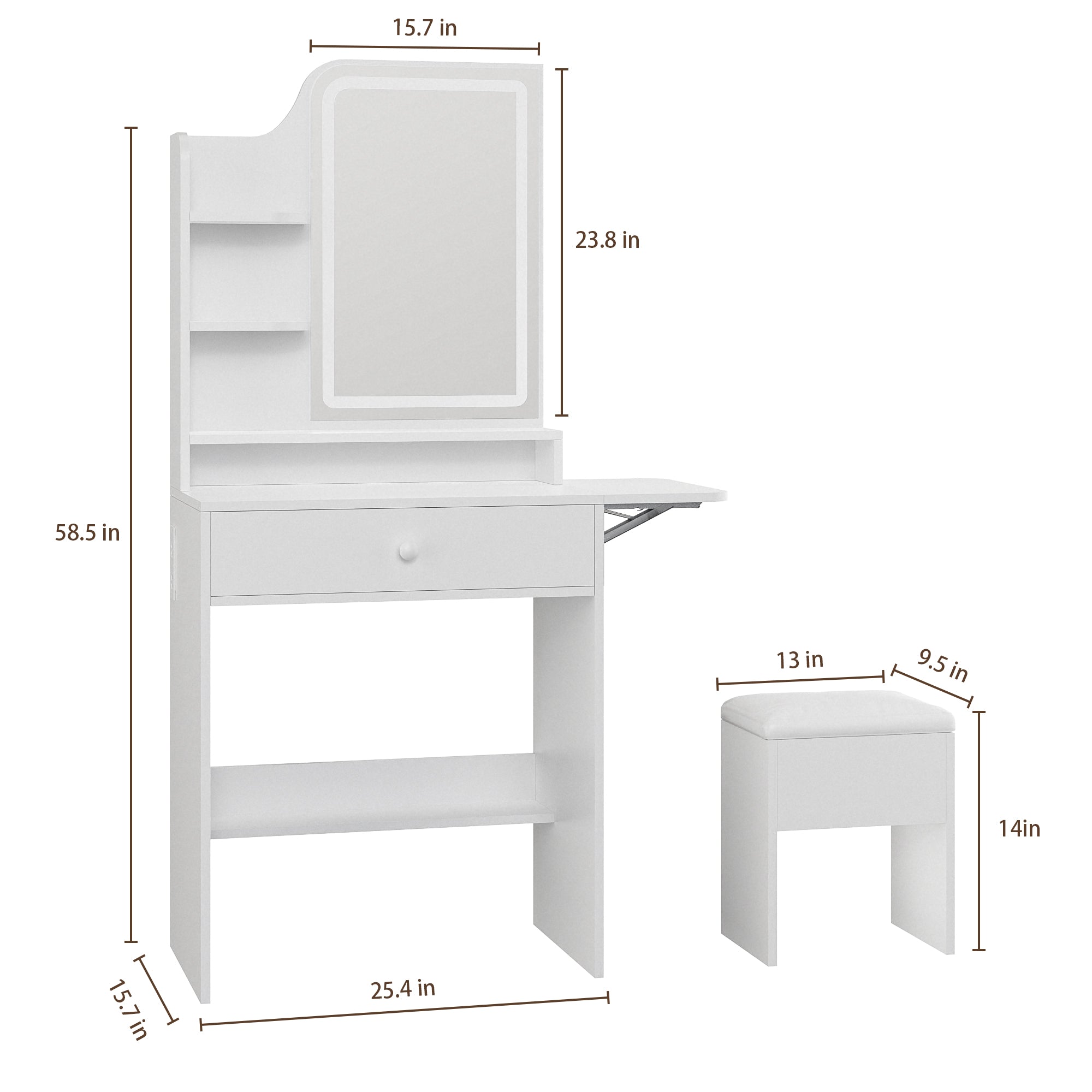 Haewon 25.4" White Small Vanity Desk with LED Light Mirror & Power Outlet , Makeup Vanity with Foldable Panel, Vanity Set with Stool for Bedroom, White