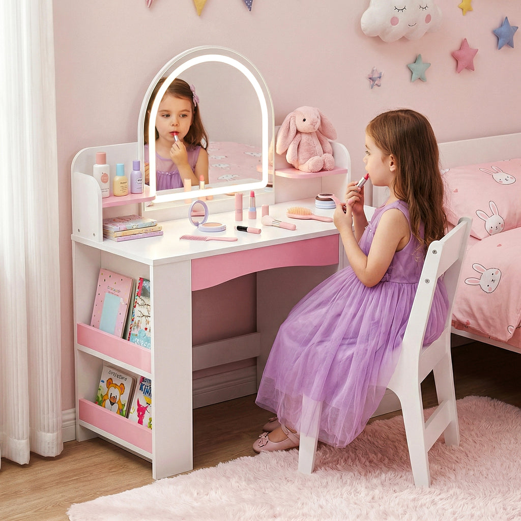 Bexfil Kids Vanity with Lights, Princess Vanity Table and Chair Set for Girls, Toddler Makeup Desk with Open Storage Shelves, for Bedroom or Playroom
