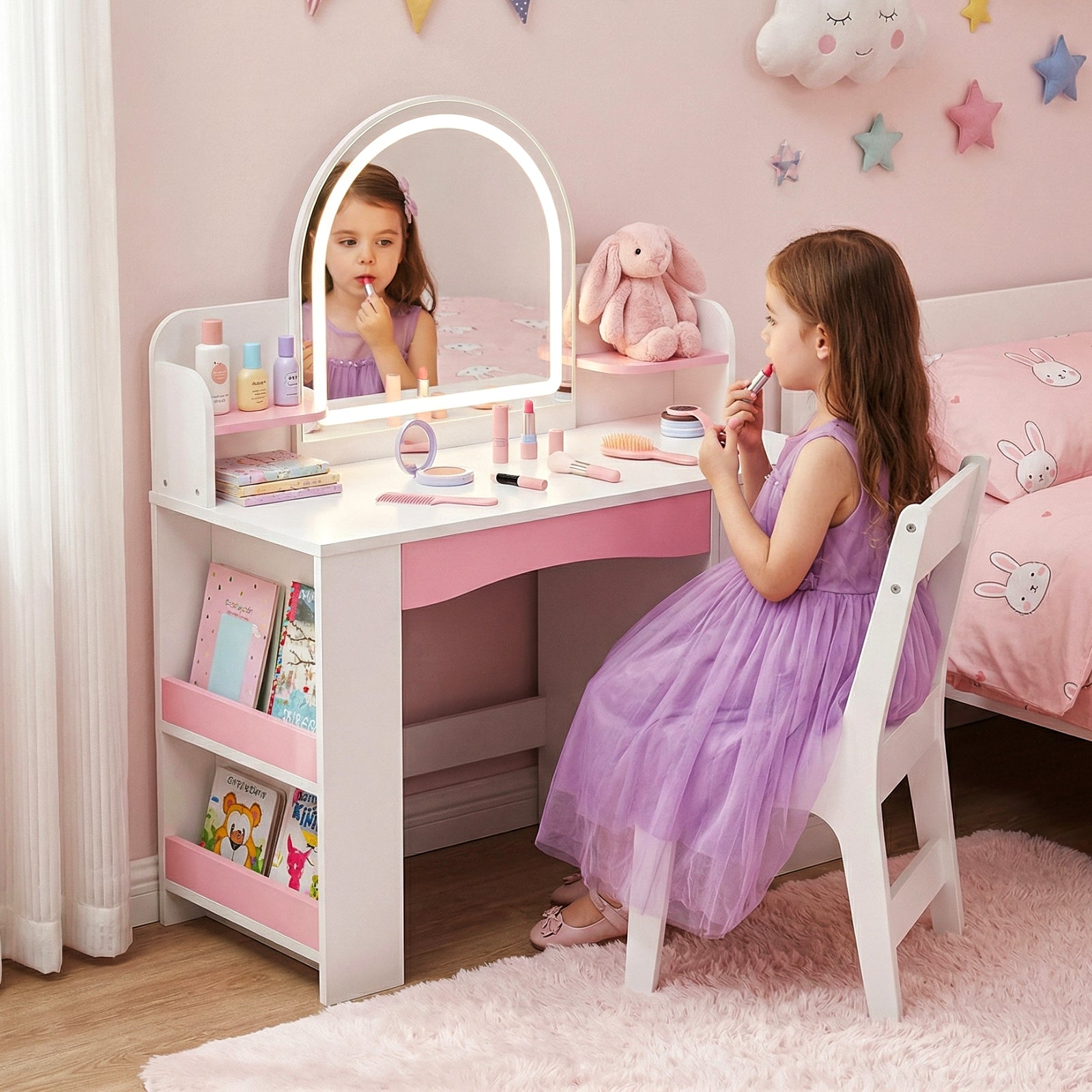 Bexfil Kids Vanity with Lights, Princess Vanity Table and Chair Set for Girls, Toddler Makeup Desk with Open Storage Shelves, for Bedroom or Playroom