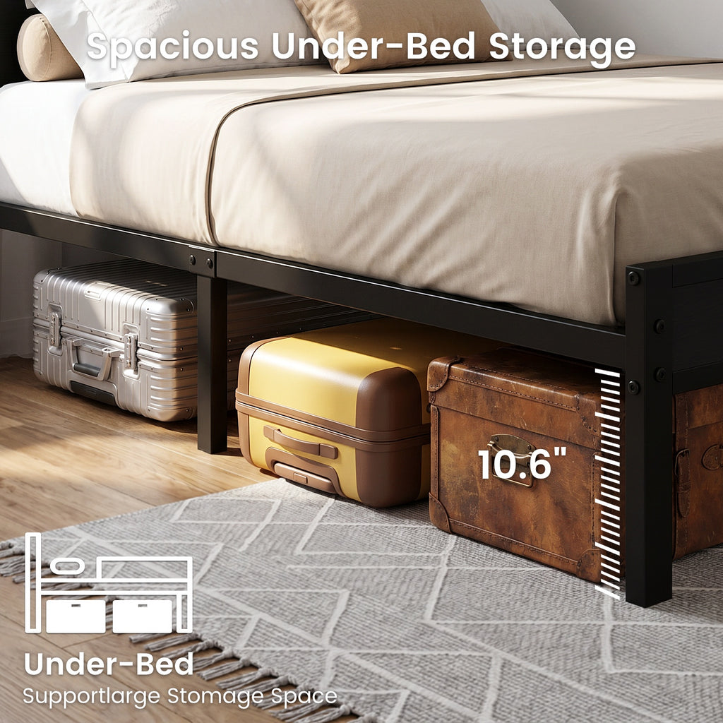 Bexfil Full Bed Frame with Storage Headboard and LED Light, Metal Platform Bed Station with Charging Station & LED, Noise-Free, No Box Spring Needed