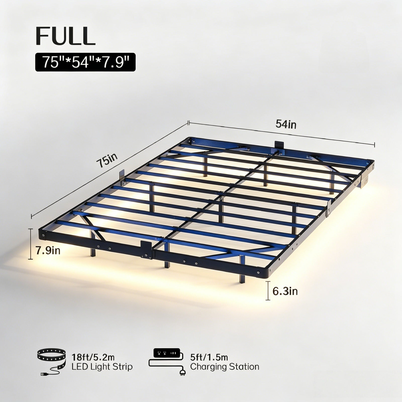 Bexfil Full Size LED Floating Bed Frame with Remote Control and Charging Station, No Box Spring Needed, Easy to Assemble