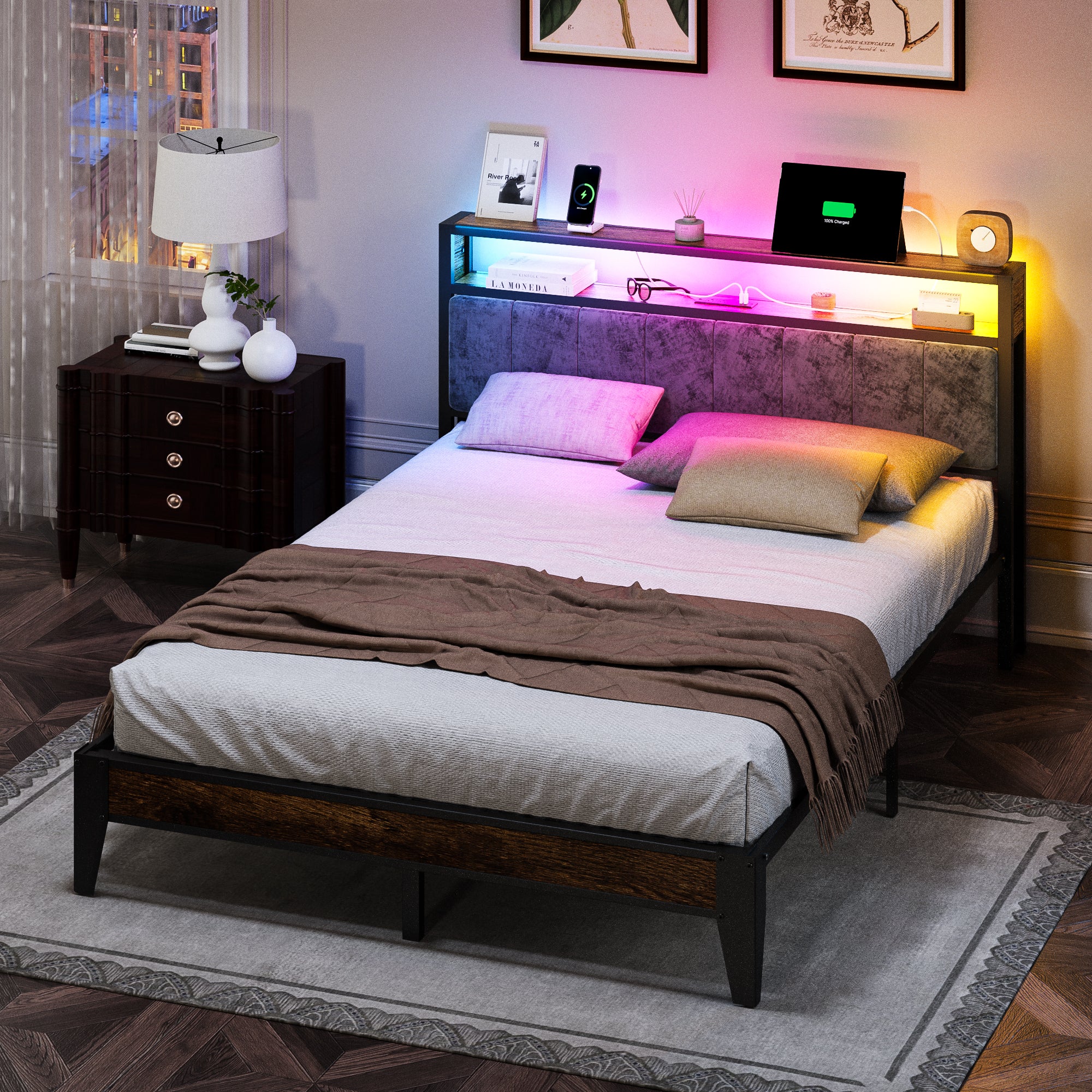 Dayago Queen Size Bed Frame, Storage Headboard with Charging Station, Solid and Stable, Noise Free, No Box Spring Needed, Easy Assembly, Rustic Brown