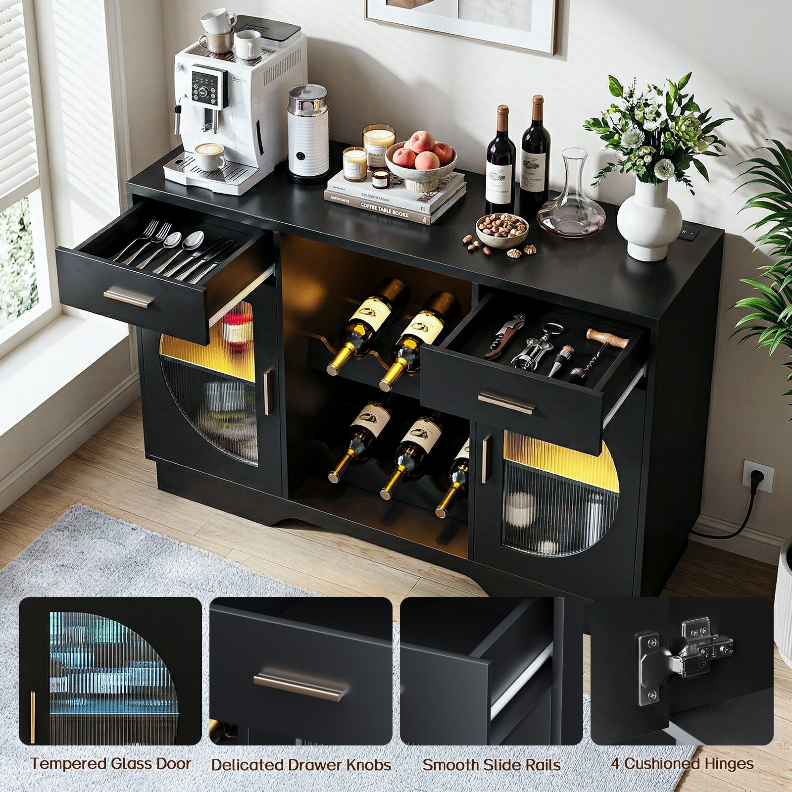 Kbun Coffee Bar Cabinet with Fridge Space, Wine Bar with LED Lights & Power Outlet, Sideboard for Home with Glass Doors, Freestanding Liquor Cabinet, Black