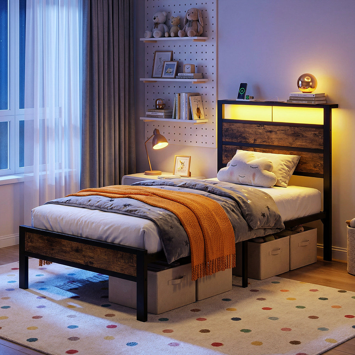Kbun Twin Size Bed Frame with Wooden Headboard, USB and Type-C Charging Station, Smart LED Lights, Under-Bed Storage, Quiet Metal Platform Twin Size, No Box Spring Required, Easy Assembly