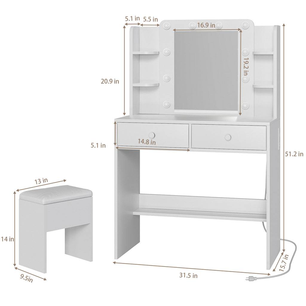 Haewon White Vanity Desk with Mirror and Lights, Makeup Vanity with 10 LED Bulbs and 3 Color Modes, Dressing Table Set with Power Outlets, Storage Drawers and Chair for Bedroom