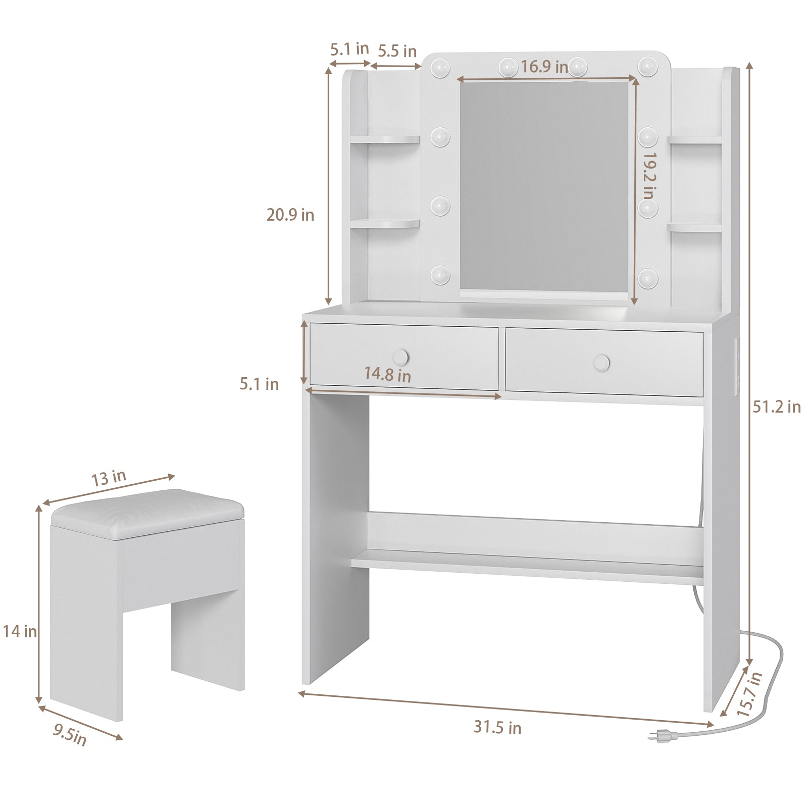 Haewon White Vanity Desk with Mirror and Lights, Makeup Vanity with 10 LED Bulbs and 3 Color Modes, Dressing Table Set with Power Outlets, Storage Drawers and Chair for Bedroom