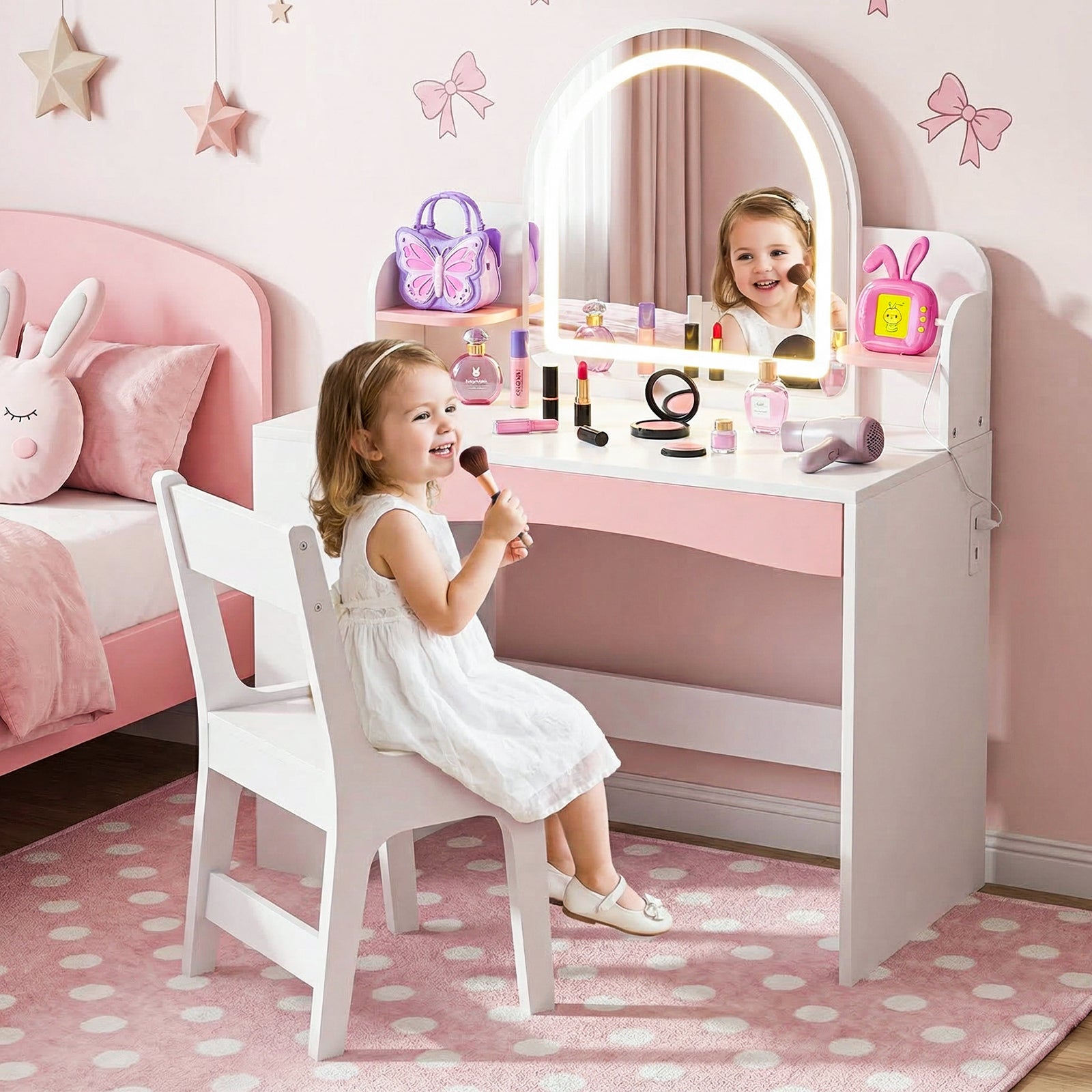 Bexfil Toddler Vanity with Lights and Chair Set, Kids LED Makeup Table with Adjustable Brightness & 3 Lighting Modes, Open Shelves and Bookshelf for Bedroom Playroom