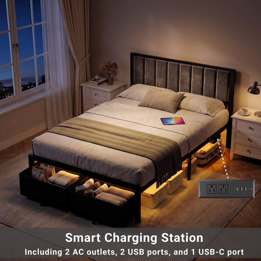 Kbun Queen Bed Frame with 2 Drawers and Upholstered Headboard, Outlets and LED Lights, Heavy Duty Metal Platform with Storage Space Under Frame, No Box Spring Needed, Noise Free, Gray