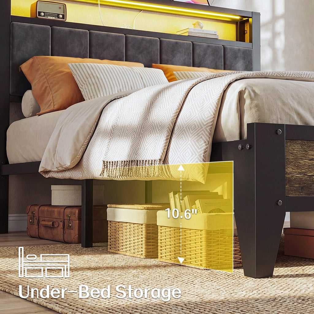 OLEVS Full Size Bed Frame with Headboard, LED Light & Charging Station| Metal Platform Bed Upholstered Headboard 2-Tier