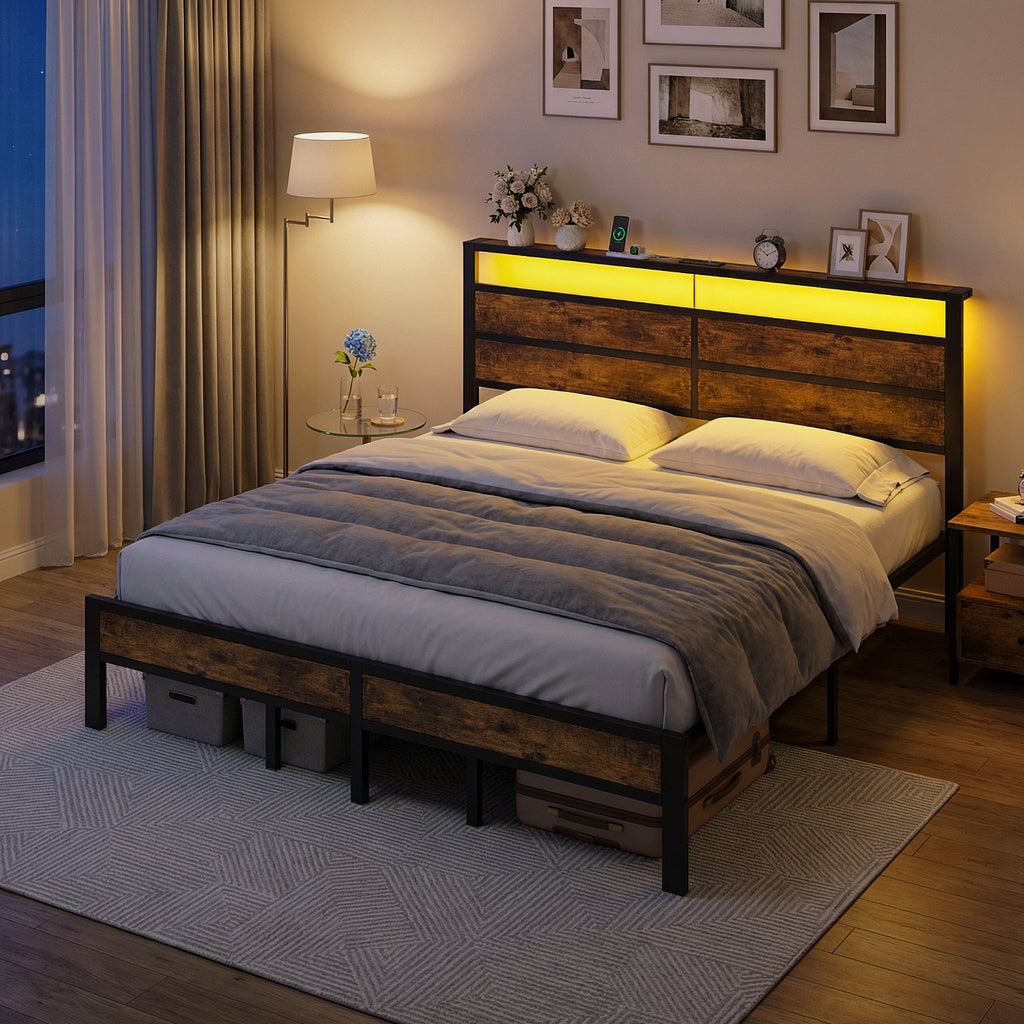Bexfil King Size Bed Frame,Heavy Duty Metal Platform with Storage Headboard and LED Light,No Box Spring Needed,Easy Assembly,Brown