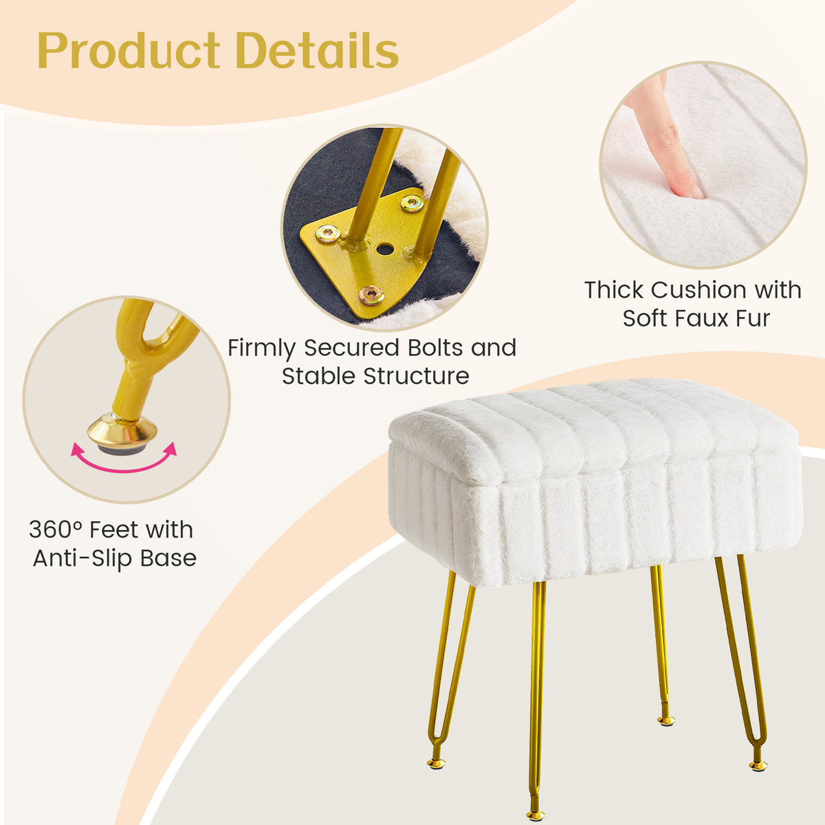 Kbun Faux Fur Vanity Stool with Storage, Makeup Ottoman Chair with Upholstered Seat, Metal Legs & Anti-Slip Feet for Bedroom, Living Room, White